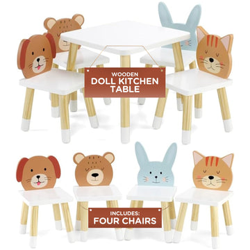 Emily Rose 18 Inch Doll Furniture Kitchen Table & 4 Animal Chairs Set - Rabbit Bear Puppy Kitten Theme, Easy Assembly Wooden 18" Doll Dining Set from