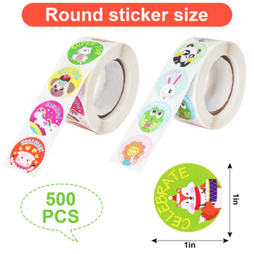 1000 Pcs Kid Stickers Animals, Stickers for Childens Teachers Students School Classroom in 16 Designs Motivational Stickers (1 Inch / 2 Rolls)