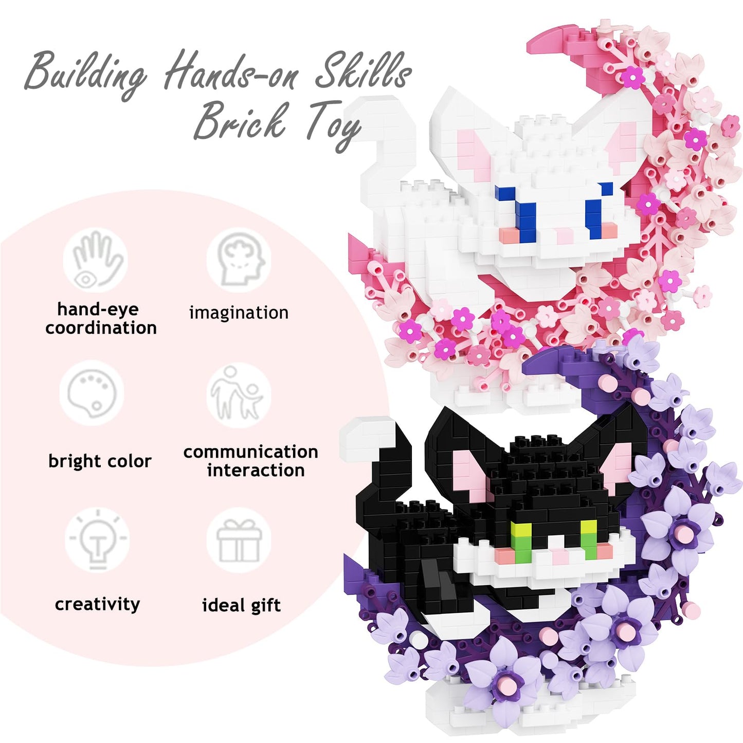 TENYEAH 2 in 1 Mini Building Block Set Animals with Flower and Moon, Micro Brick Toy Cats, Creative Art Craft and Home Decor, Birthday Gifts Idea