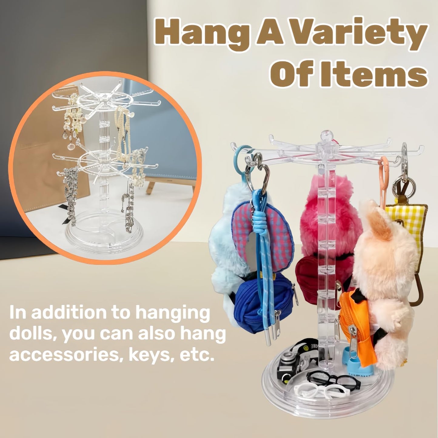 PanniOhye Transparent 360° Rotating Display Stand for Plush Dolls Keychains& Collectibles - All-Round Display, Manually rotates(No Doll)
