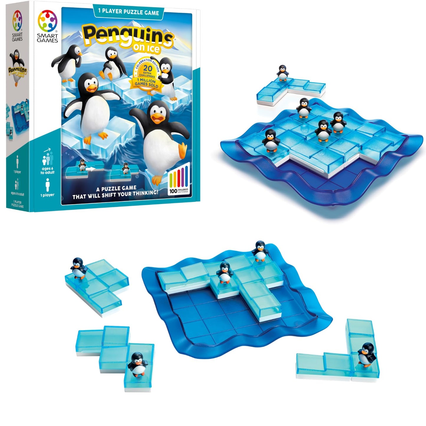 SmartGames Penguins on Ice - Sliding Logic Puzzle Game with 60 Challenges, STEM Brain Teaser for Kids Ages 6+, Travel-Friendly Single Player Puzzle