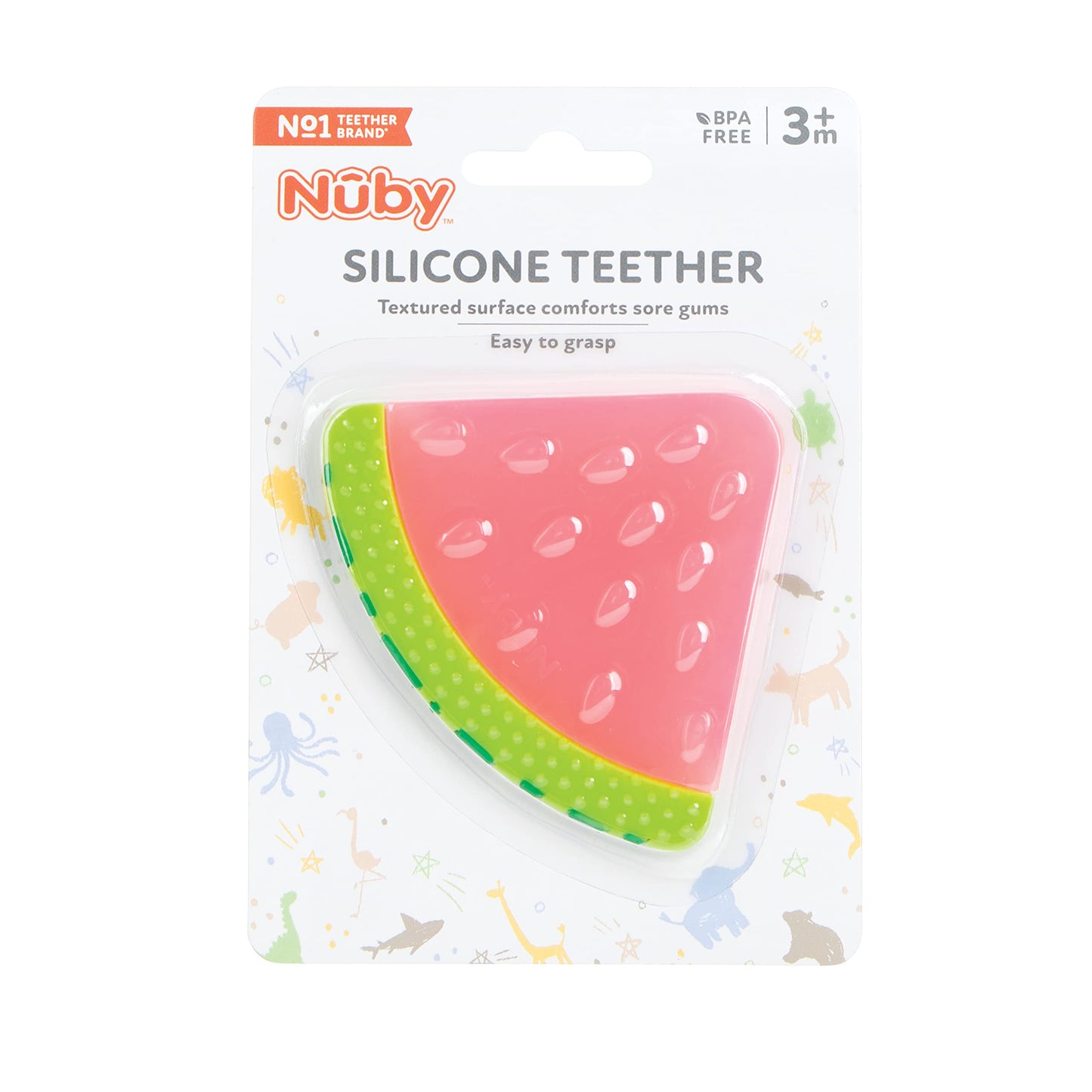 Nuby 100% Silicone Baby Teether - Watermelon-Shaped Teething Toy - Soft Textured Gum Massager - Easy-Grip Infant Teether Toy - 3+ Months