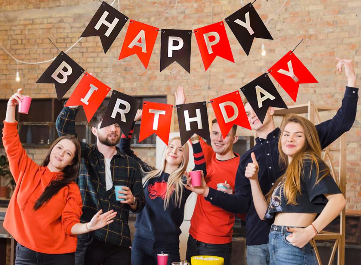 Runhiskii Happy Birthday Banner, Red Black Cardstock Decorations, 13pcs Reusable Banner for Men Women Boys Girls