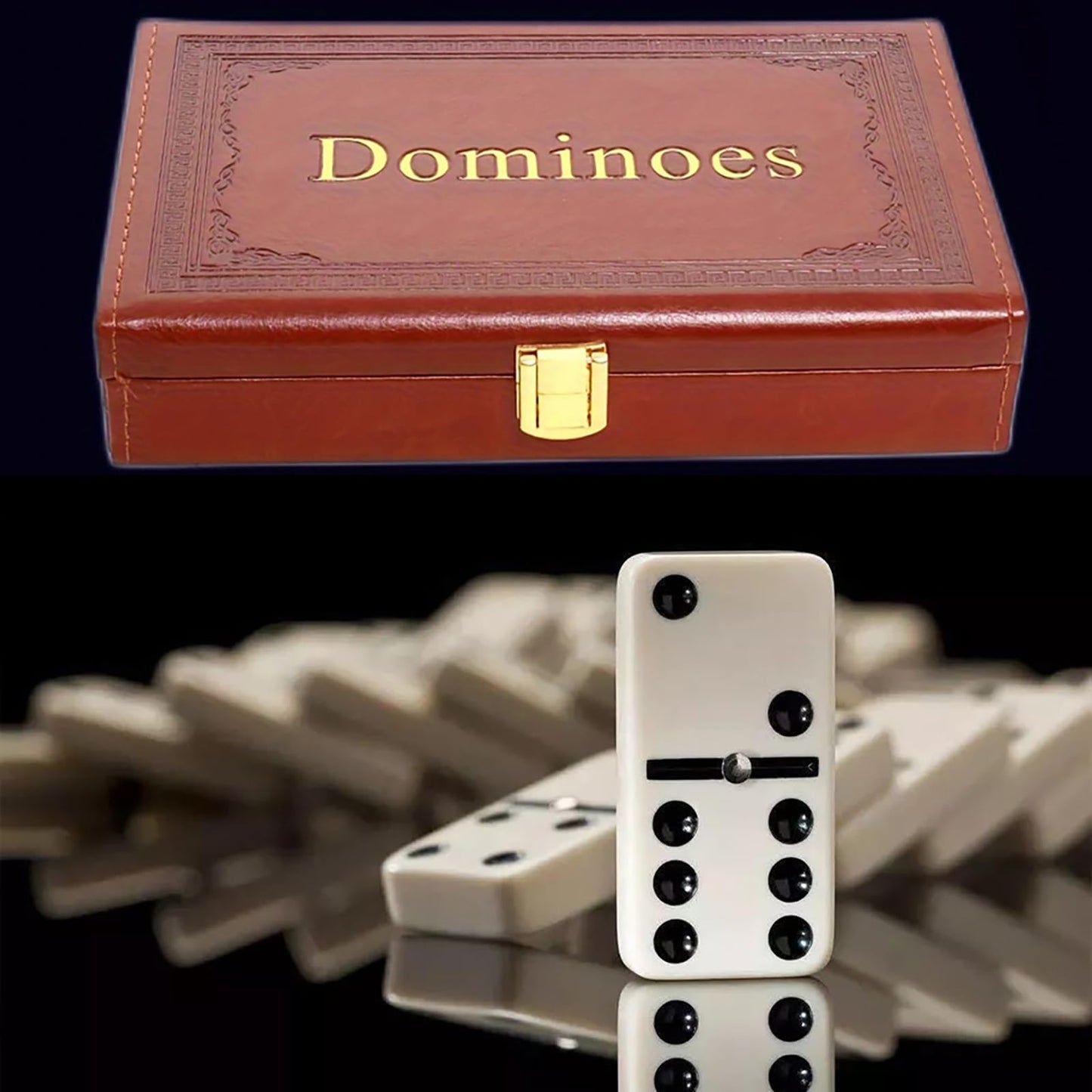 Strategyify Double 6 Dominoes Set with Spinners - 28 Ivory Tiles in Brown Leatherette Case, Classic Family Game for Adults, Portable Travel Gift Set
