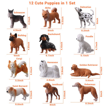 HOMNIVE Dog Figures for Kids, 12pcs Plastic Realistic Puppy Figurines, Small Dog Cake Topper, Learning Educational Toys for Christmas Birthday Gift