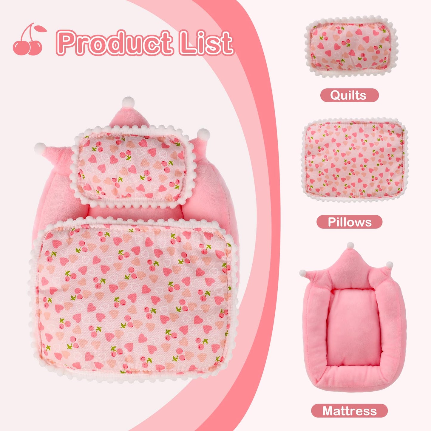 17cm Doll Bed, Miniature Bed with Pillow and Blanket Compatible with La Booooo Booooo Dolls, Doll House Furniture Accessories, Cherry Pattern