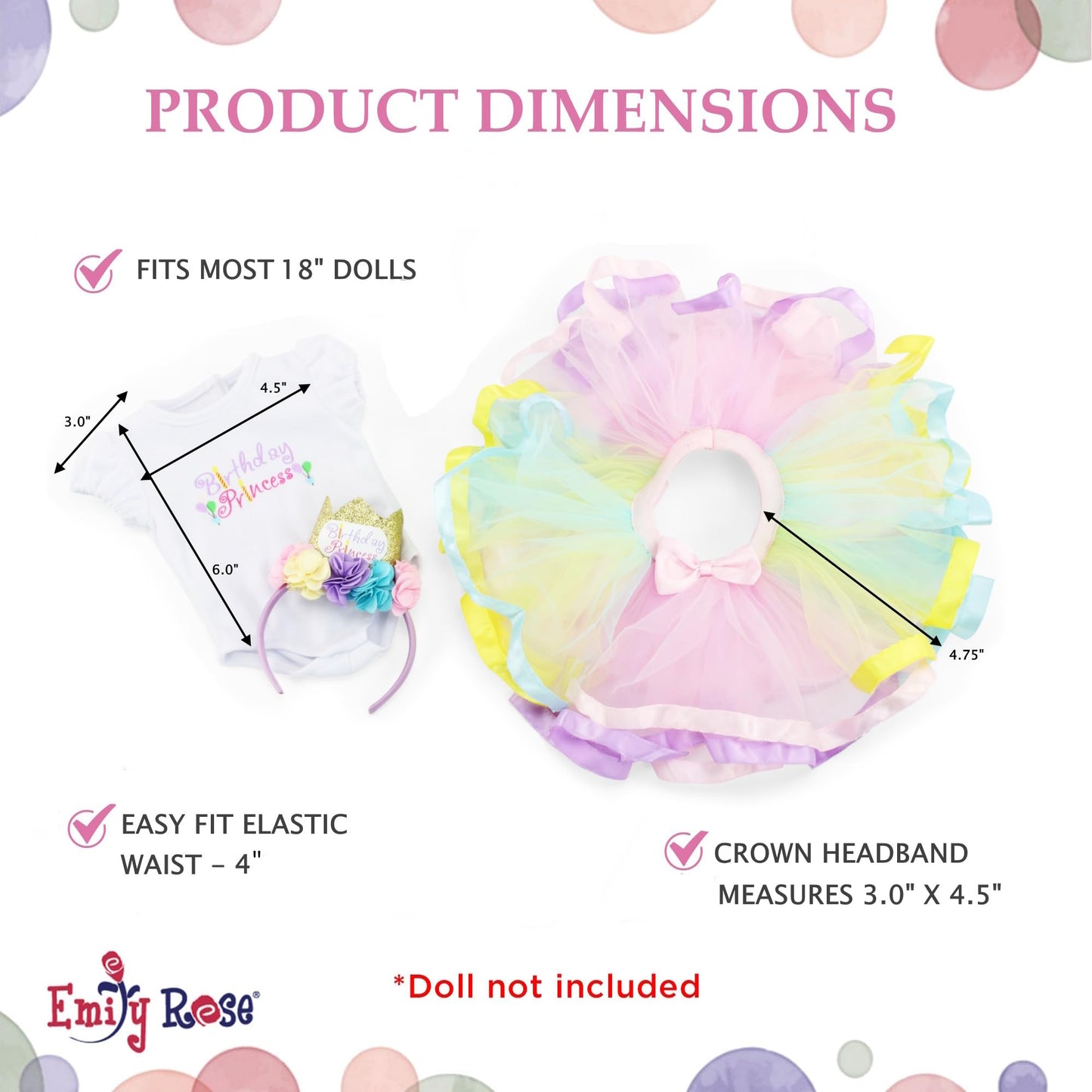 Emily Rose 18" Doll Birthday Princess 3PC Outfit with Tutu & Tiara | Clothes Set is Compatible with American Girl Dolls | USA Brand - Gift Boxed |