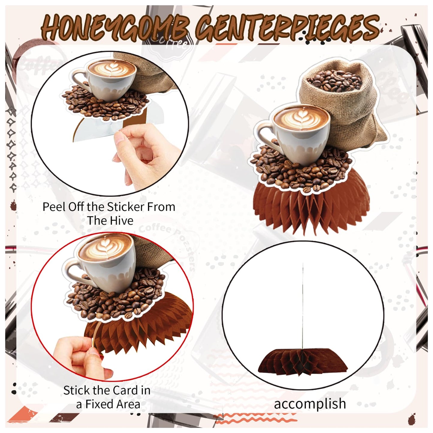 9 PCS Coffee Honeycomb Centerpieces Coffee Table Decorations Table Topper for Coffee Party Decorations Coffeehouse Birthday Party Supplies