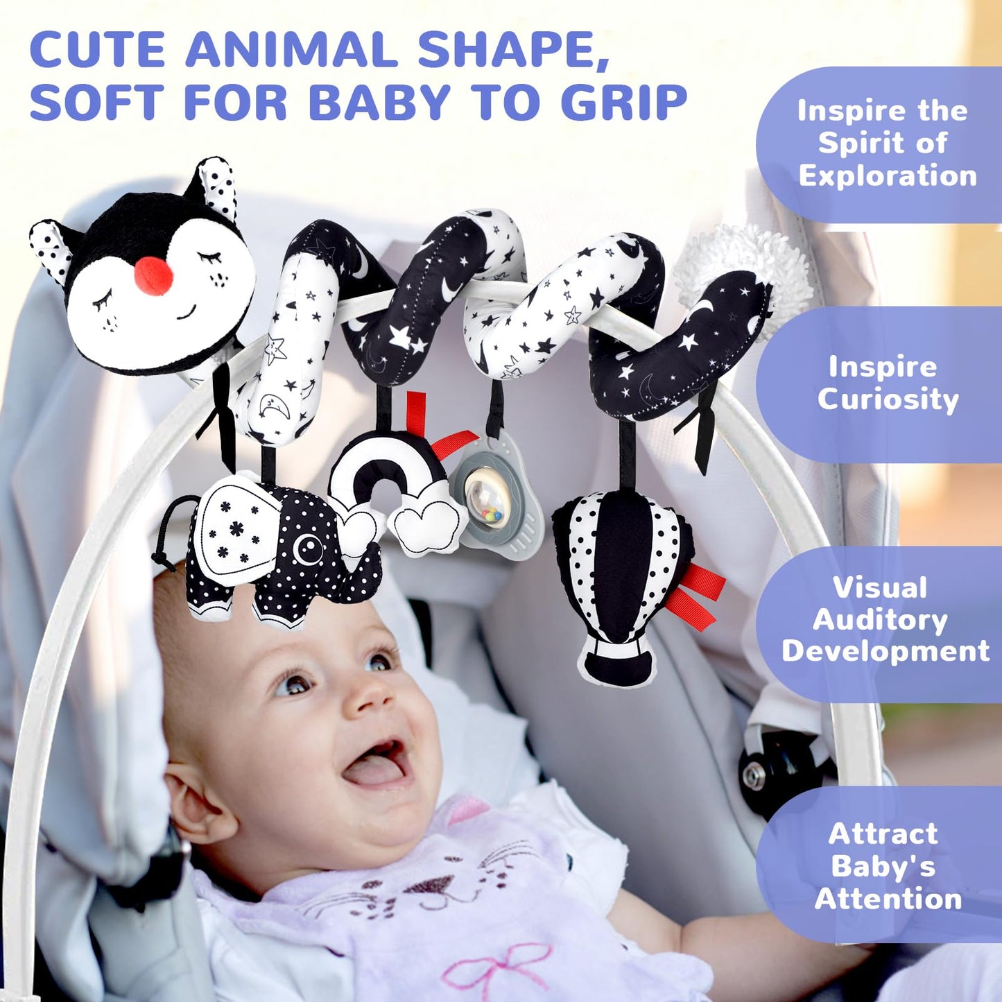 XIXILAND Musical Car Seat Toy Black and White Baby Toys, Infant Toys 0-6 Months Stroller Toy, High Contrast Newborn Developmental Gift for 0 3 6 9 12