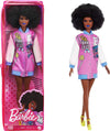 Barbie Fashionistas Doll #156 with Brunette Afro & Blue Lips Wearing Graphic Coat Dress & Yellow Shoes, Toy for Kids 3 to 8 Years Old
