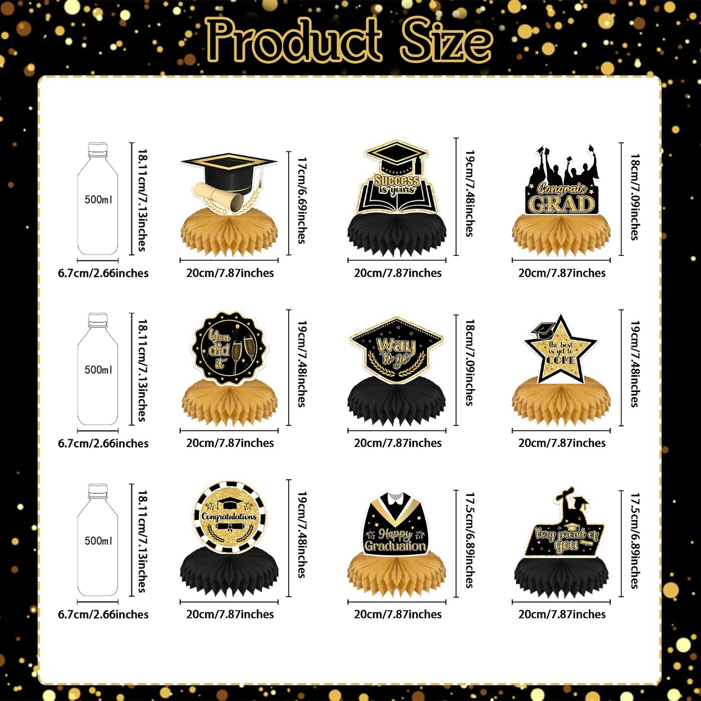 9PCS Graduation Party Decorations Class of 2025 Congrats Grad Table Centerpiece Congratulate Graduation Black and Gold Honeycomb Table Toppers