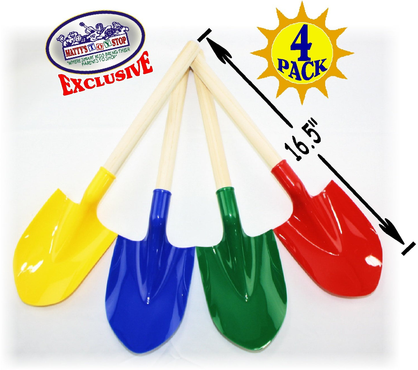 Matty's Toy Stop 16.5" Wooden Mini Sand Shovels for Kids with Plastic Spade (Red, Blue, Green & Yellow) Complete Gift Set Party Bundle - 4 Pack