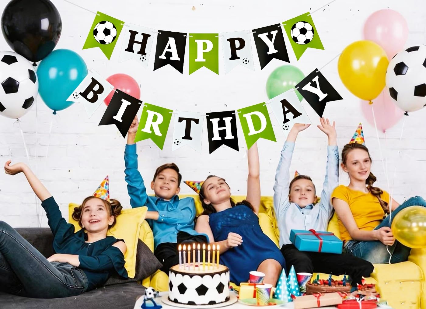Soccer Happy Birthday Banner, Green Black White Soccer Birthday Party Decorations for Boys Girls Men Women Fans Party Supplies