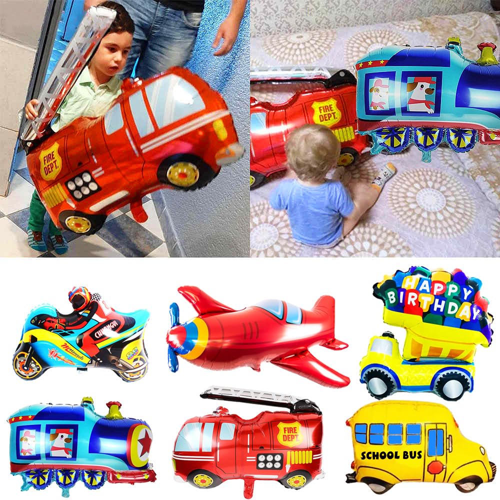 MOVINPE Transportation Birthday Decoration for Boys Happy Birthday Banner Cars School Bus Train Fire Truck Motorcycle Plane Foil Balloons Transport