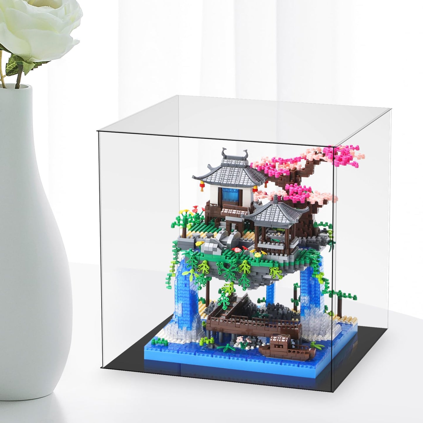 LQPFBSM Cherry Blossom Treehouse Micro Mini Building Block Sets with Acrylic Display Box Japanese Bonsai Tree Peach Blossom Pool Architecture Building