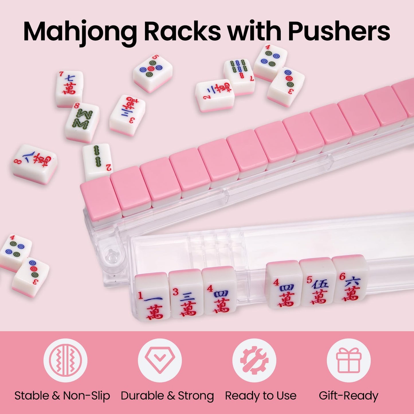 chryselium Mahjong Racks with Pushers Set of 4, Clear Acrylic Mahjong Tile Holders, Non-Slip American Mahjong Rack All-in-One, Mahjong Accessories