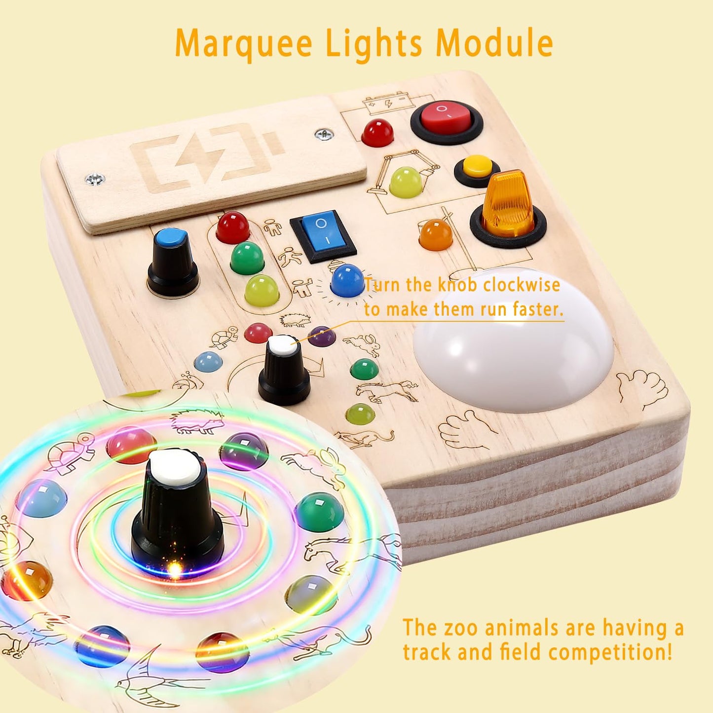 Toddler Busy Board ,Montessori Toy with Tap Light ,6.9"x5.9" Wooden Busy Board with LED Traffic Light for Kids , Travel Sensory Toys for 1+ Year Old