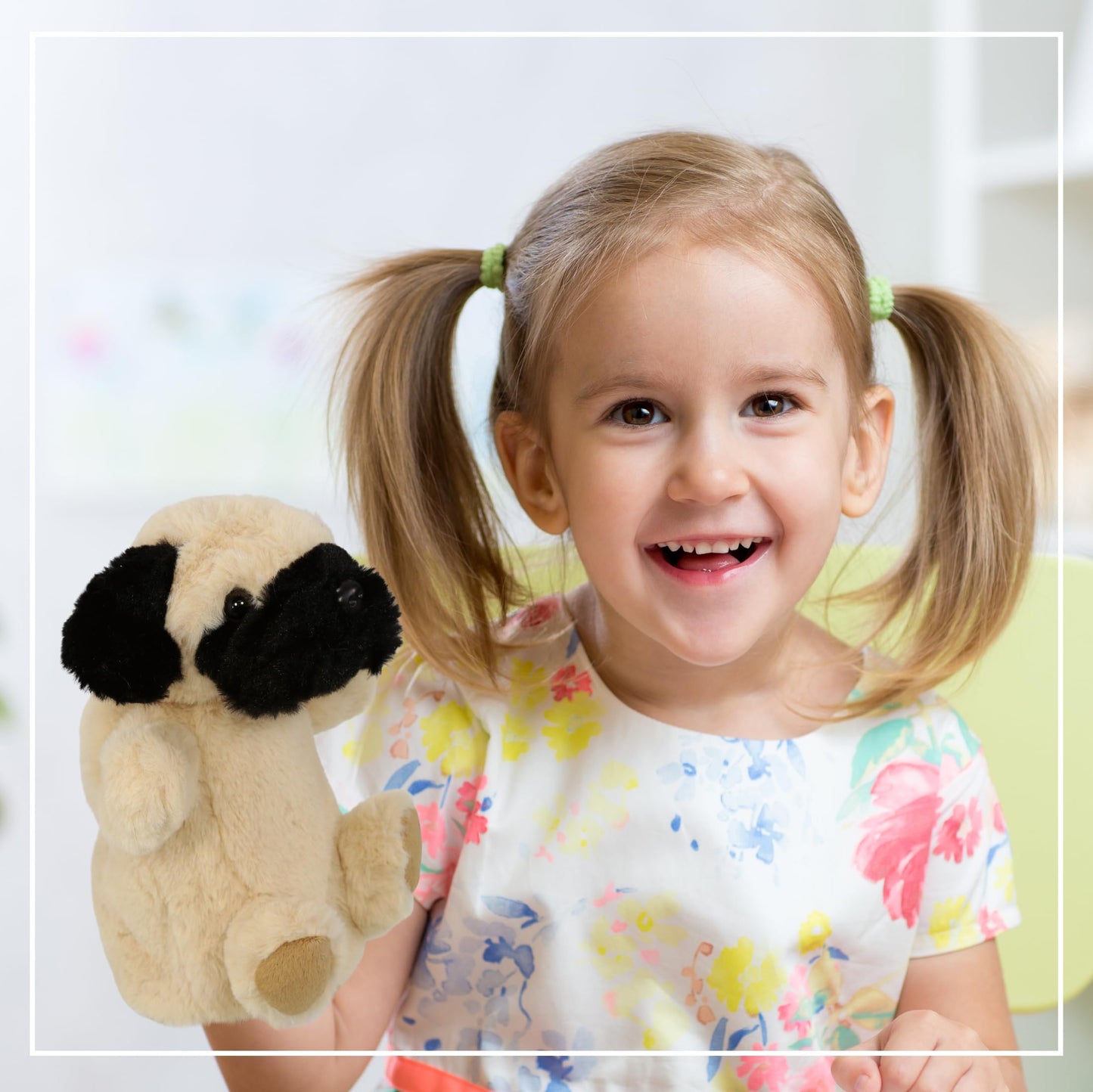 DolliBu Pug Dog Plush Hand Puppet - Super Soft Stuffed Animal Pug Dog Puppet Toy for Kids, Educational Cute Plush Puppets for Teaching, Games,