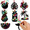 64 Pcs Hawaiian Luau Party Scratch Cards Art Magic Rainbow Scratch Cards Flamingo Pineapple Beach Coconut Shape Scratch Paper Art Crafts with Stick