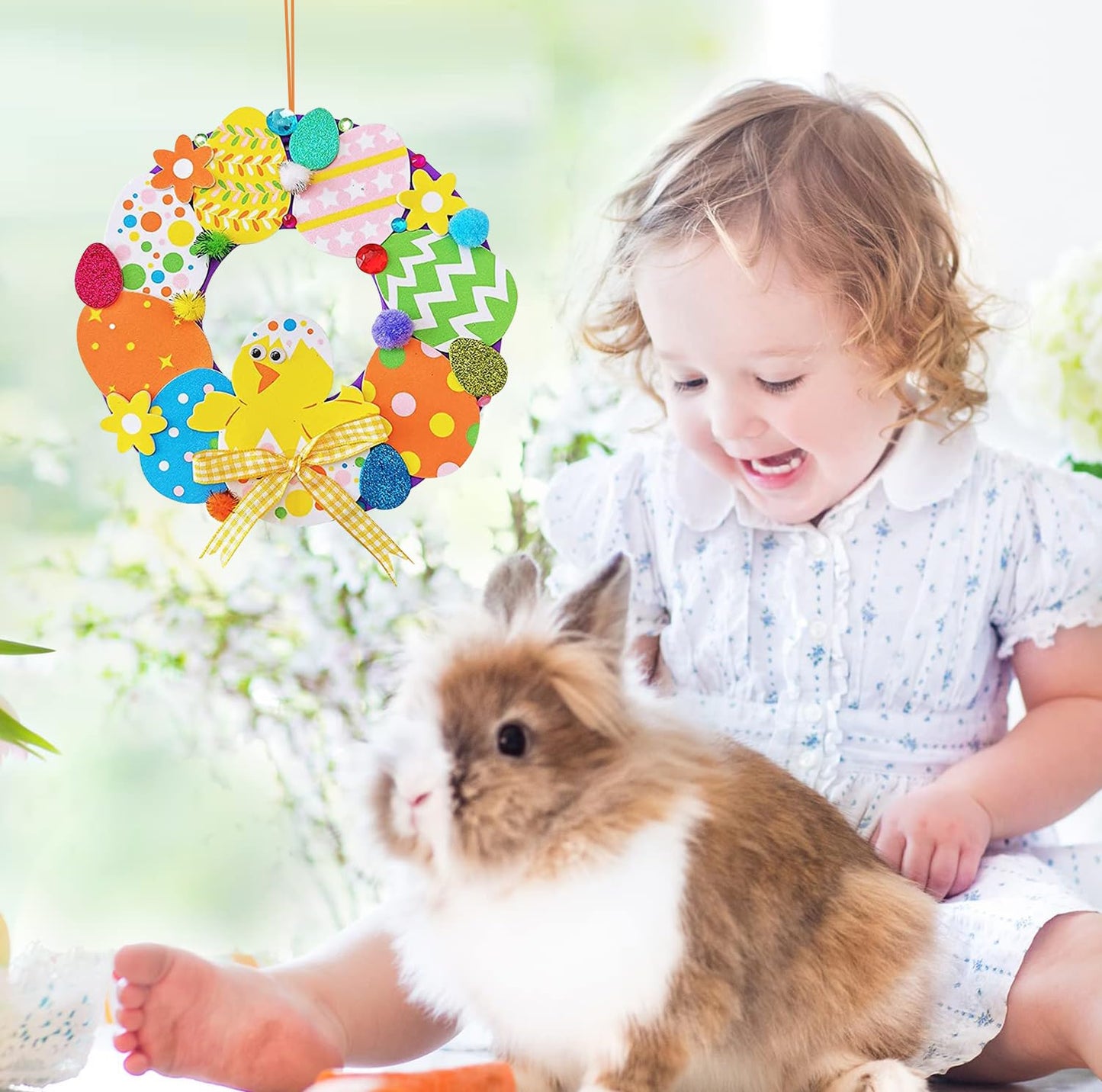 12 Sets DIY Easter Wreath Craft Kits, Foam Signs with Easter Egg, Bunny, and Chick Stickers, Pom-Poms, Googly Eyes, for Kids Classroom Home