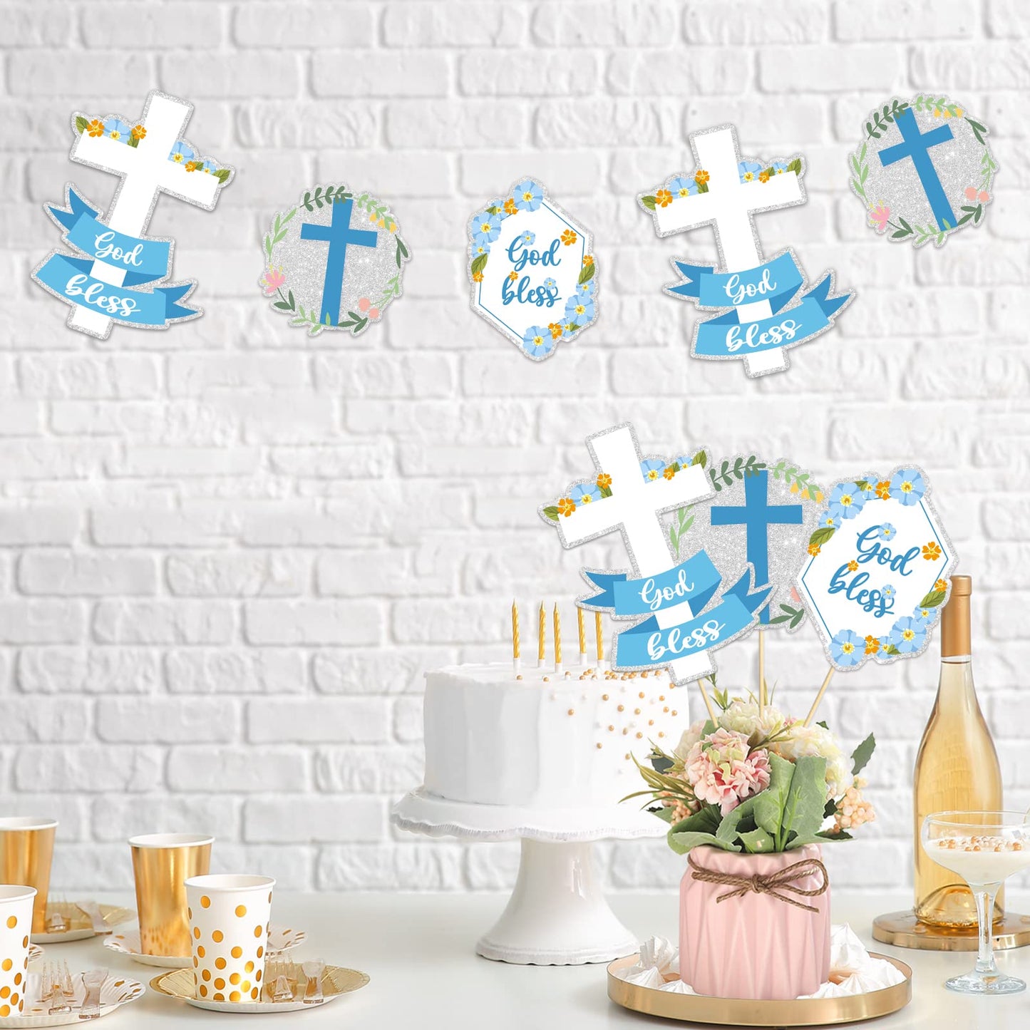 God Bless Centerpiece Sticks, Cross Community Sign - Baptism Party Decorations - Christening Party Supplies - 15PCS