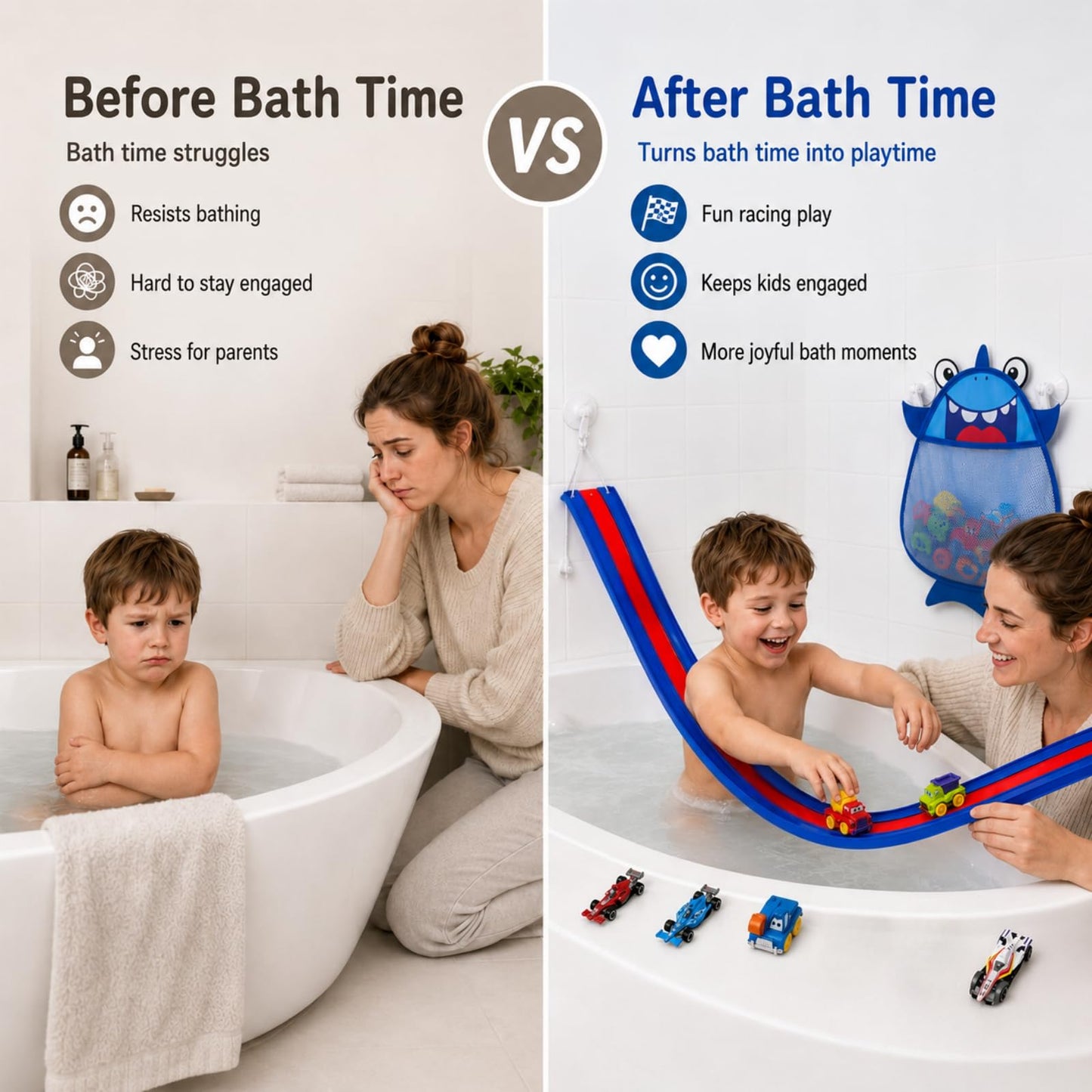 Race Car Bath Toys, 14-Piece 59-Inch Flexible EVA 3-Lane Bathtub Track Set, CPC-Certified with 6 Toy Cars, Industrial-Strength Suction Cups & Mesh