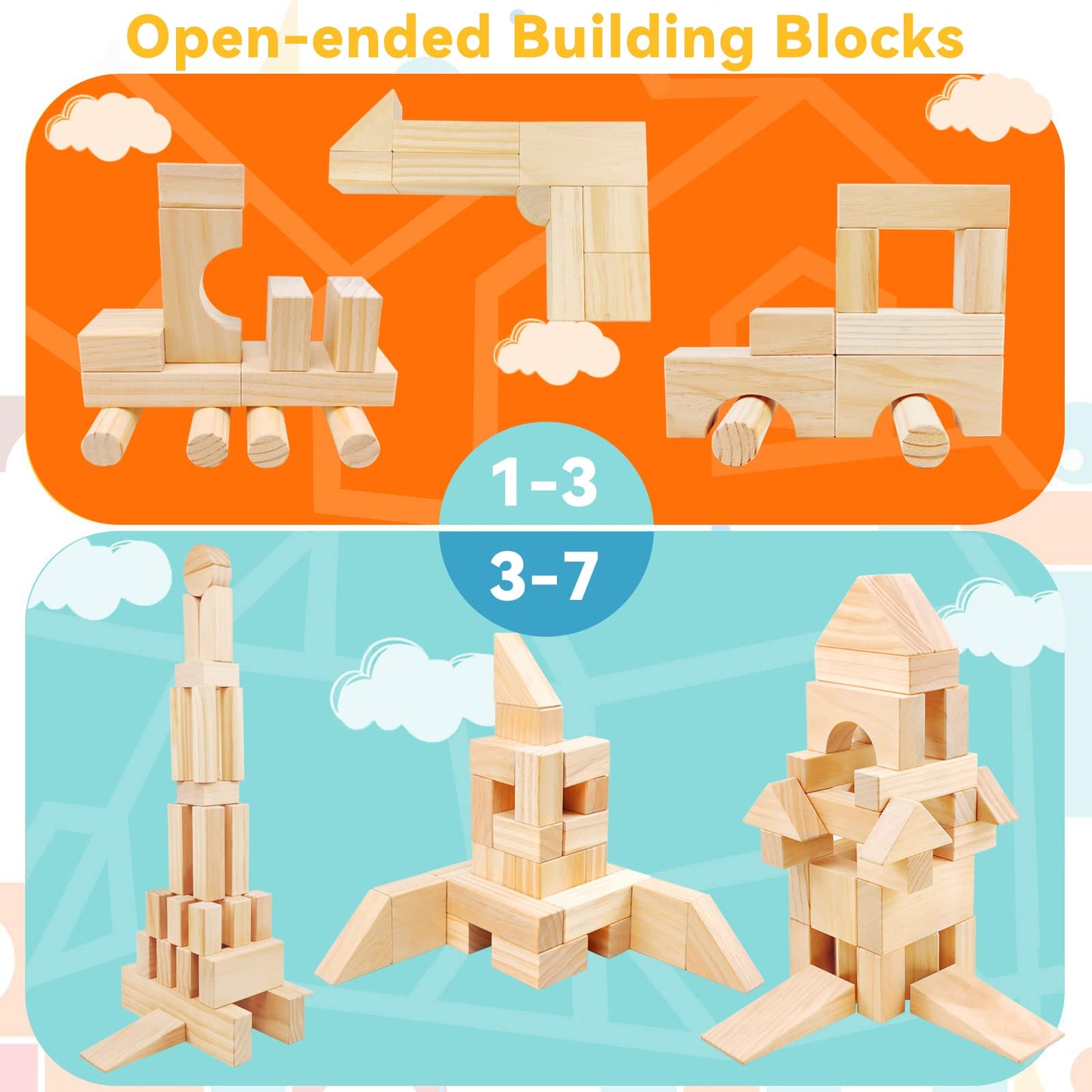 Onshine Large Wooden Blocks for Toddlers 1-3, 64 Pieces Big Wood Building Blocks Set with Wooden Storage Box, Large Toddler Blocks Building