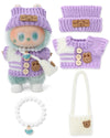 Evowatt Doll Outfits, Clothes for Labubu 17cm Doll, 4-Piece Knitted Doll Clothes Set - Striped Sweater, Beanie Hat, Mini Bag & Shell Bracelet, Purple