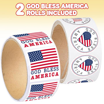 ArtCreativity USA American Flag Patriotic Stickers, 2 Rolls with 200 God Bless America Stickers Total, Red White and Blue Decorations for 4th of July