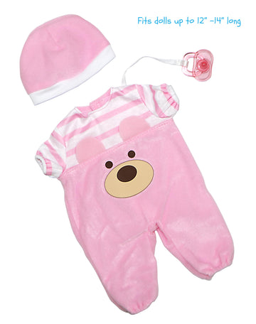 JC Toys | Pink Bear Onesie | Baby Doll Outfit + Hat + Pacifier | | Ages 2+ | Fits Dolls 12"- 14"