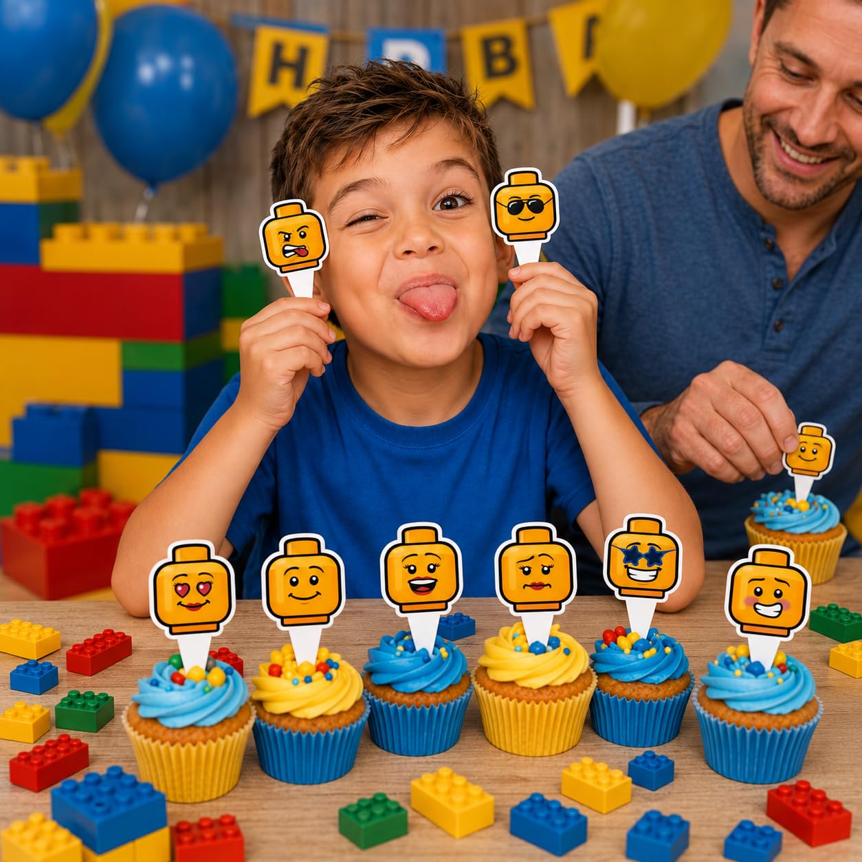Funny Emoji Cup Cake Toppers for Boys Birthday Building Block Style Birthday Cake Decorations 16PCS