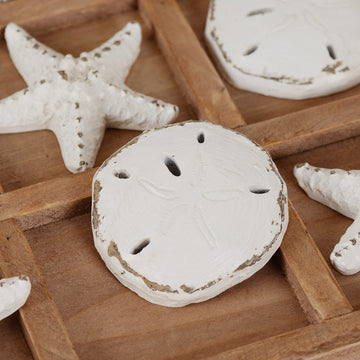 NIKKY HOME Beach Tic Tac Toe for Fun Starfish Sand Dollar Coastal House Coffee Table Decor Wood Board Travel Game, 8.97 by 8.97-in Distressed White