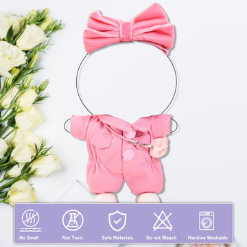 4PCS Pink Kawaii Doll Romper Set Pink Bunny Jumpsuit with Bow Tie for 15-17cm 4 Inch Blind Box Dolls Includes Bow Headwear, Crossbody Bag, One-piece