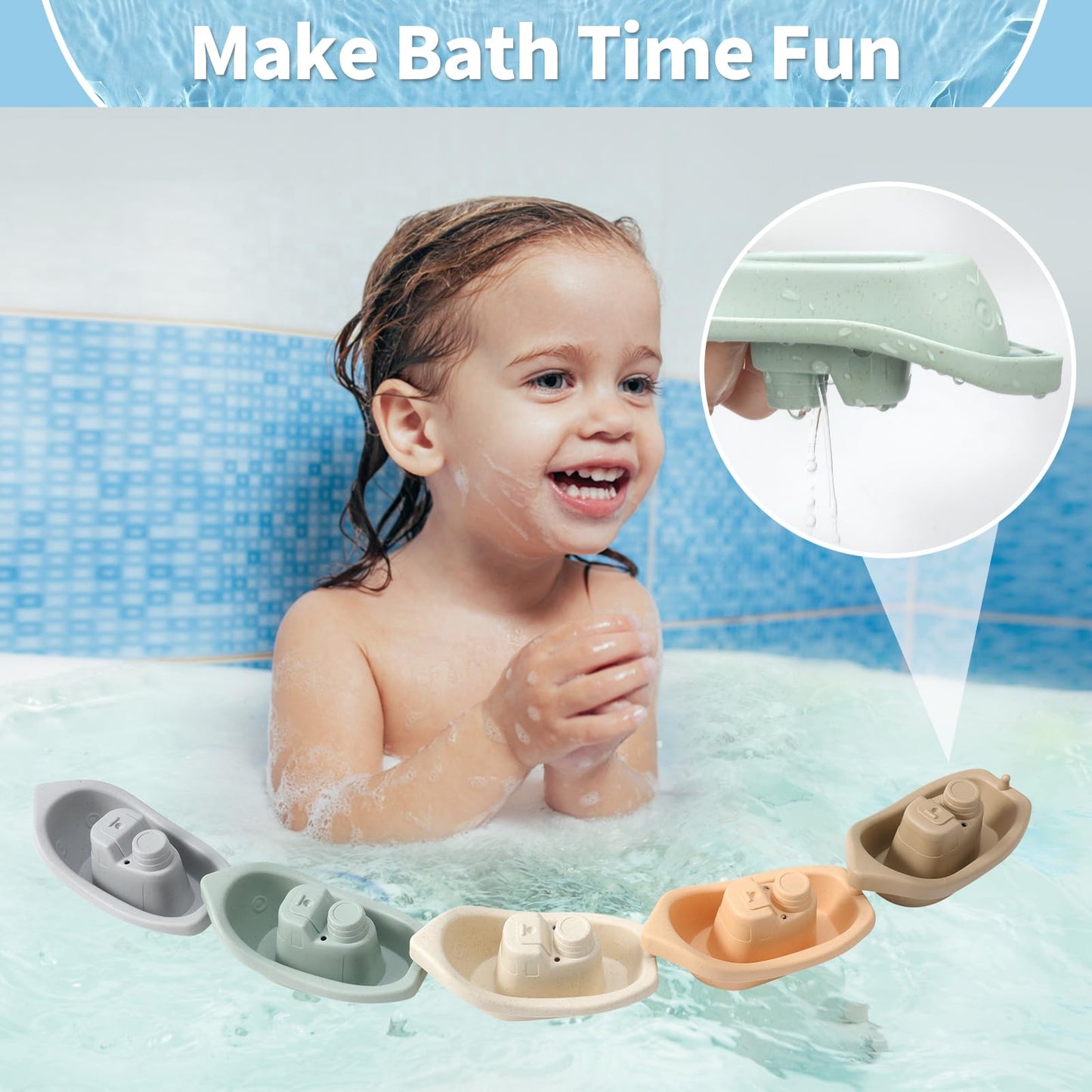 Bath Toys Floating Boats Train with Bathing Spoon,11 Pcs Water Table Toys Mold Free Baby Bath Toys for Toddlers 1-3 Infants 6-12-18 Months,Bathtub