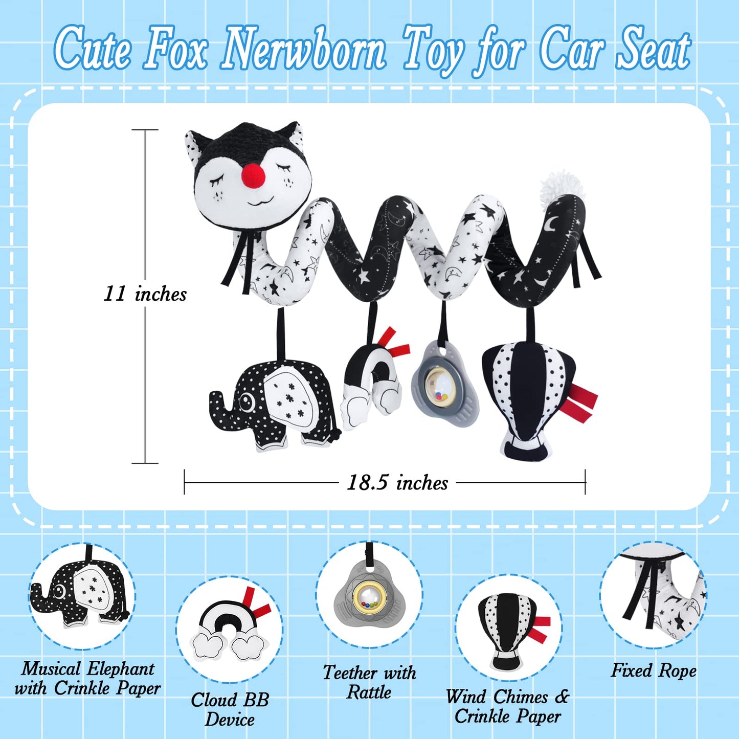 FATI Car Seat Toys for Babies 0-6 Months, Black and White High Contrast Baby Spiral Carseat Toy for Infant 0-3, 3-6 Newborn, Stroller Toys for 0 3 6 9