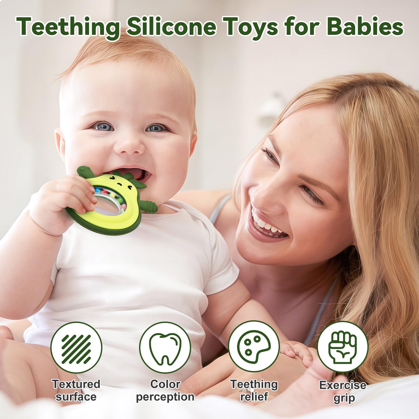 Baby Rattles Teething Toy for Babies 0-6 Months, Avocado Design BPA Free, Teething Relief for Infant 3-24 Months, Silicone Teethers Boys and Girls