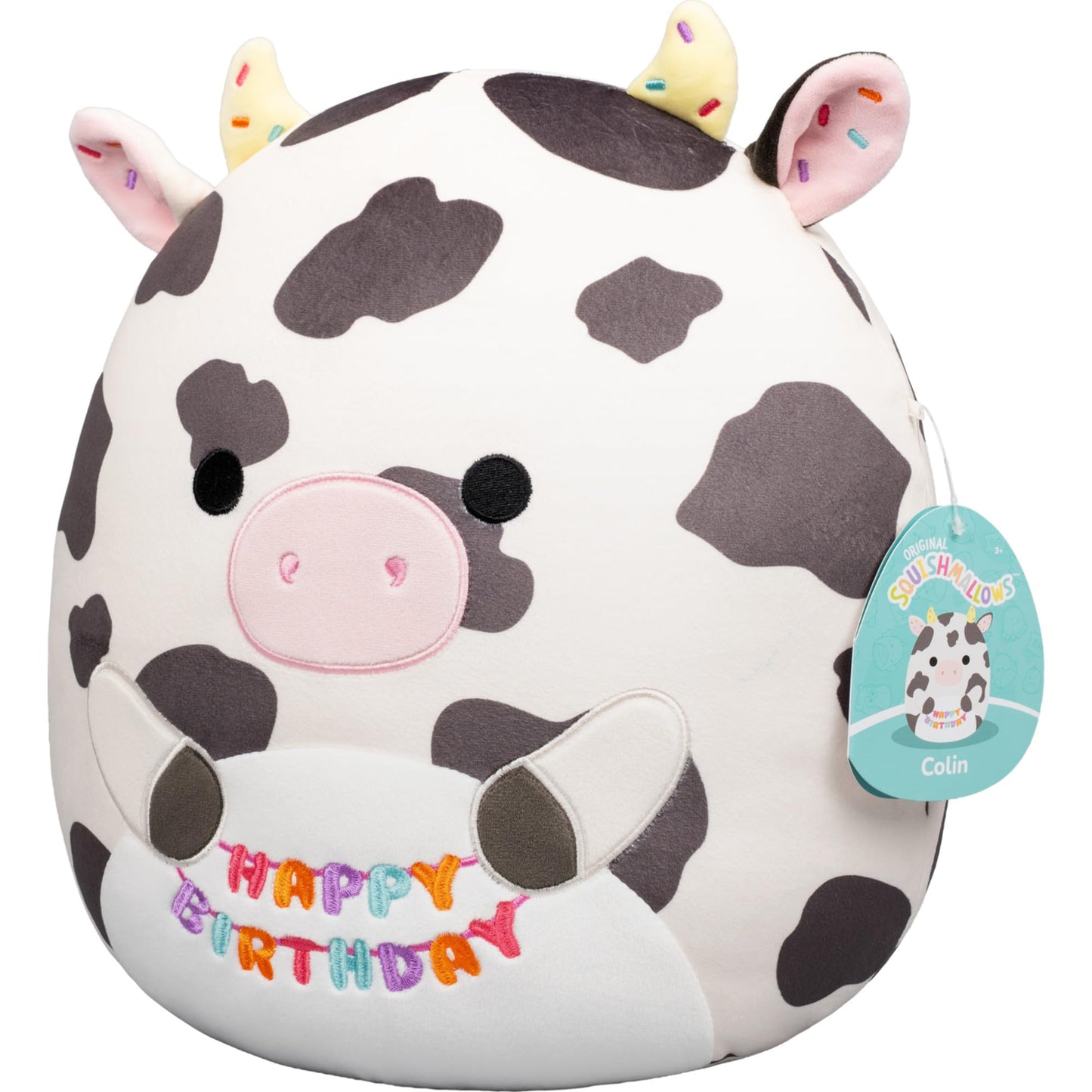 Squishmallows Original 12in Colin the Cow Holding “Happy Birthday” Sign - Official Jazwares Plush (Medium-Sized)