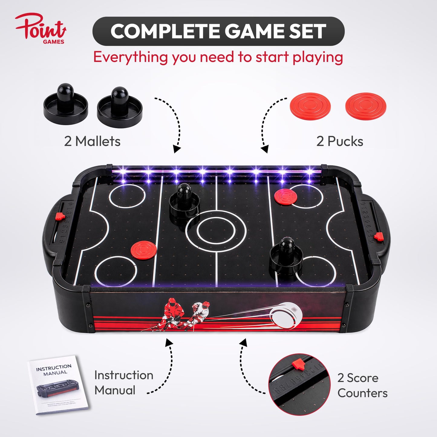 Air Hockey Game with LED Lights, Portable Tabletop Air Hockey Game & Gift for Kids & Family Fun, Air Hockey Table Game with 2 Pushers 2 Pucks, Compact