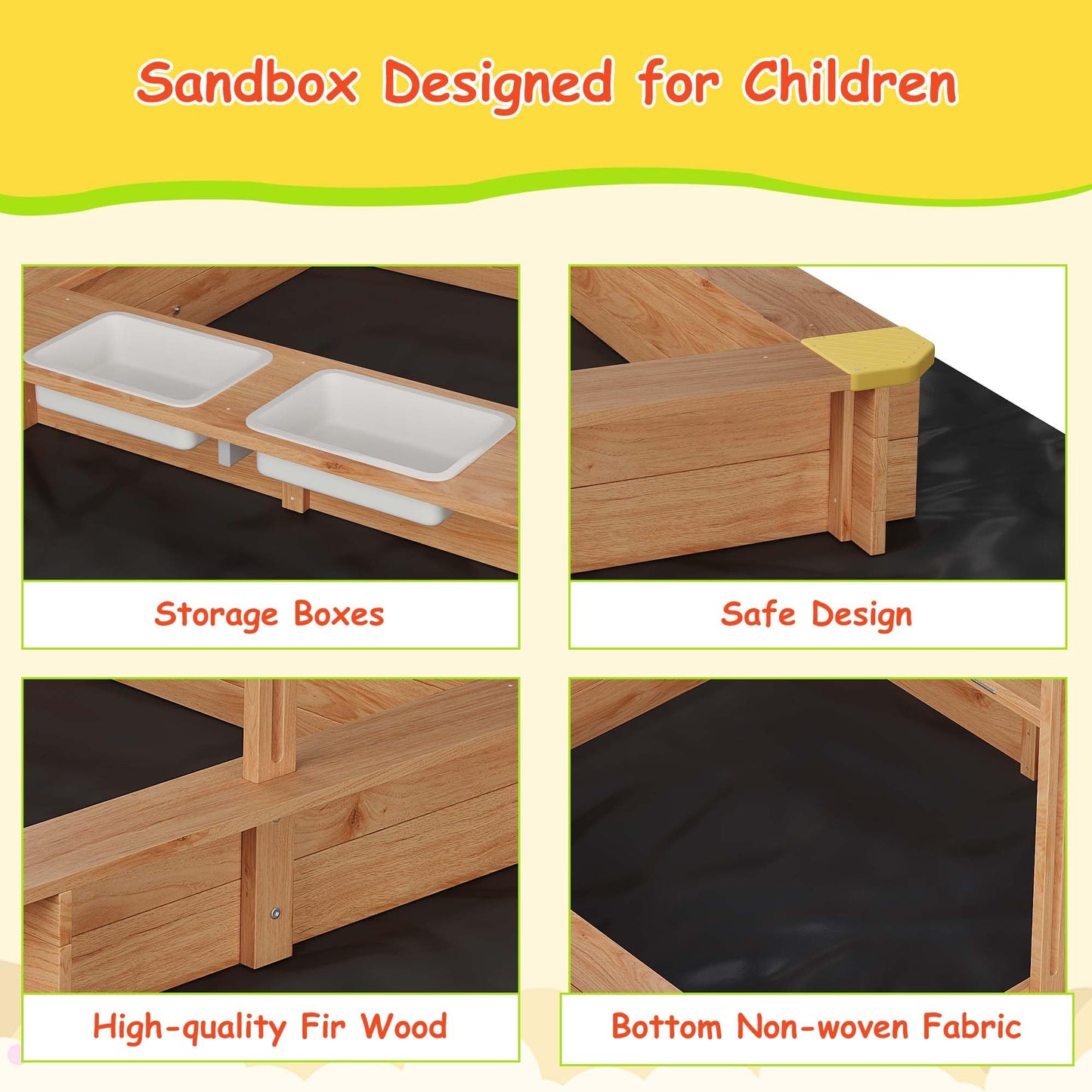 GarveeLife Wooden Sandbox with 2 Plastic Boxes, Outdoor Sand Box with Adjustable Canopy, Bottom Liner, Anti-Collision Design for Ages 3-8, Spacious