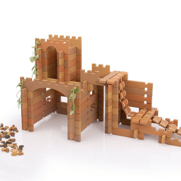 Guidecraft Tabletop Notch Blocks - Western 129 pc. Set with 10 Double-Sided Activity Card: Montessori Building Blocks Set with Ladders and Bridge