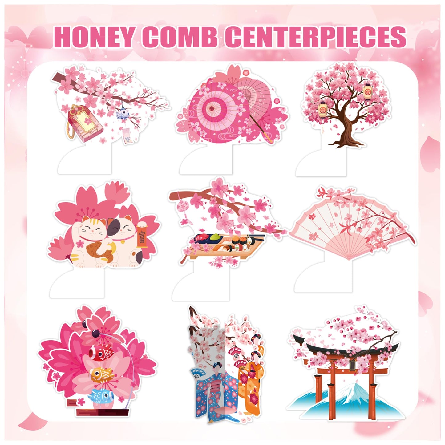 9 PCS Cherry Blossom Honeycomb Centerpieces for Table Decor, Cherry Blossom Table Decorations Table Toppers for Japanese Cherry Blossom Party