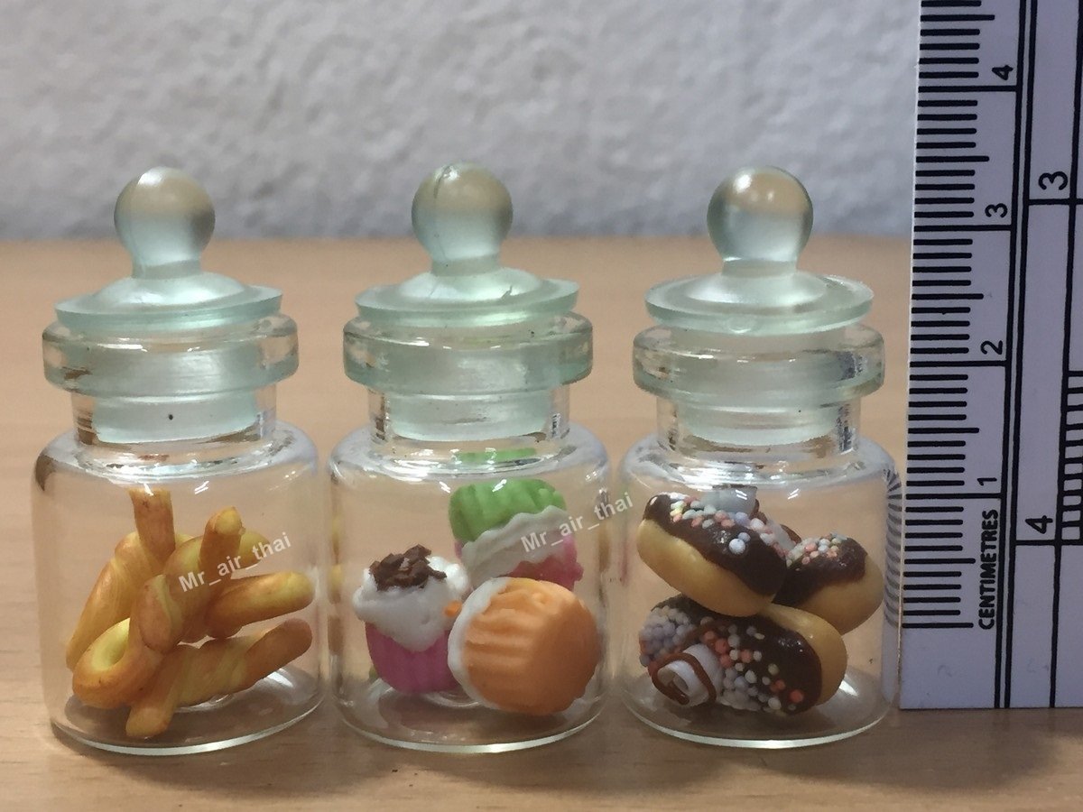3pc Miniature Food Cookie Cake Chocolate Candy Dollhouse Donut in Clear Glass Mini Bottle Fruit Food #MF042