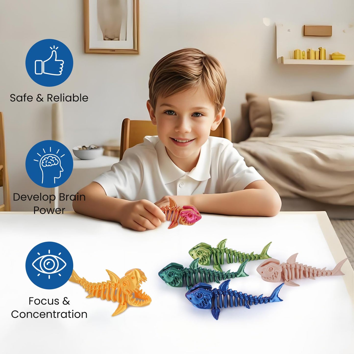 3D Printed Shark Toy - Cool Great White Shark Animal Figure Toys with Fun Movable Skeleton Design Fidget for Desk Decor and Pet Collectors(Laser