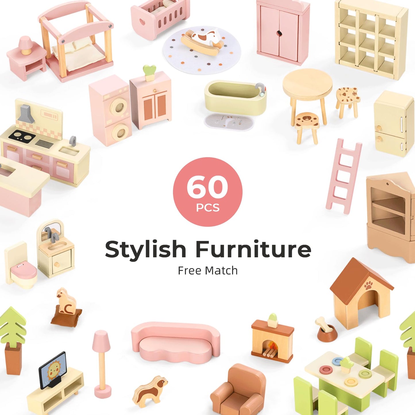 OOOK Wooden Dollhouse with 60 Pcs Luxurious Furniture Accessories, Including 4 Dolls and 2 Pets, Large 3-Story Doll House with 6 Rooms, Doll House
