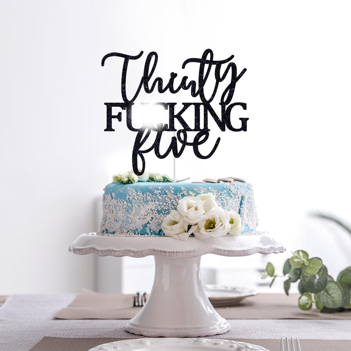 Thirty Five Cake Topper - Happy 35th Birthday Cake Decor - Cheers to 35 Years Birthday Party Decorations Supplies, Black Glitter