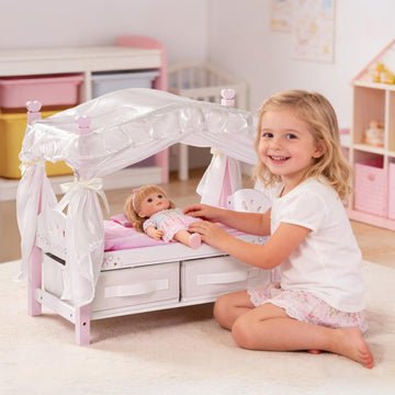 ROBOTIME 18 Inch Doll Bed with Canopy, Wooden Doll Bed with Fabric Storage Drawers, Bedding & Pillow, Pink Doll Furniture for 18 Inch Dolls, Pretend