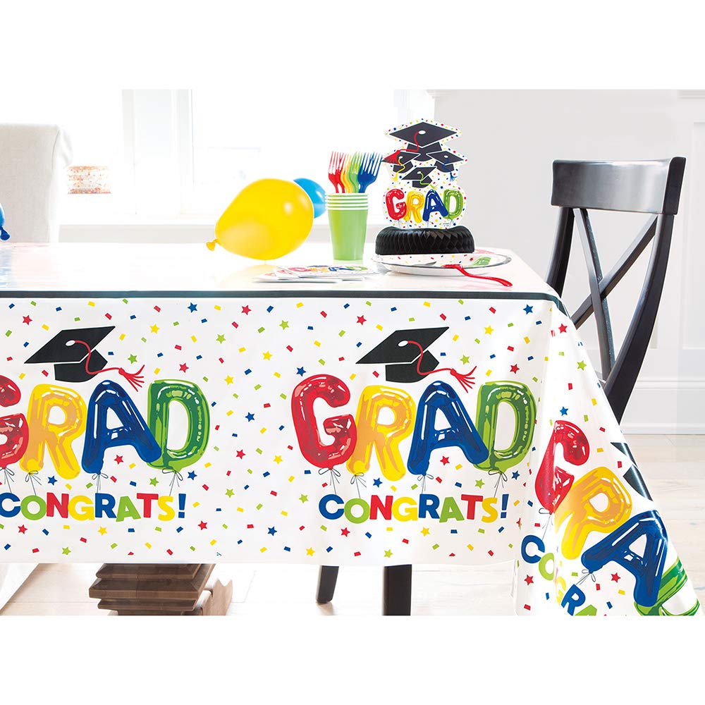 Unique Grad Letter Balloon Rectangular Plastic Table Cover - 54" x 84" (1 Pc) - White Disposable Tablecloth, Perfect Party Supplies for Graduation