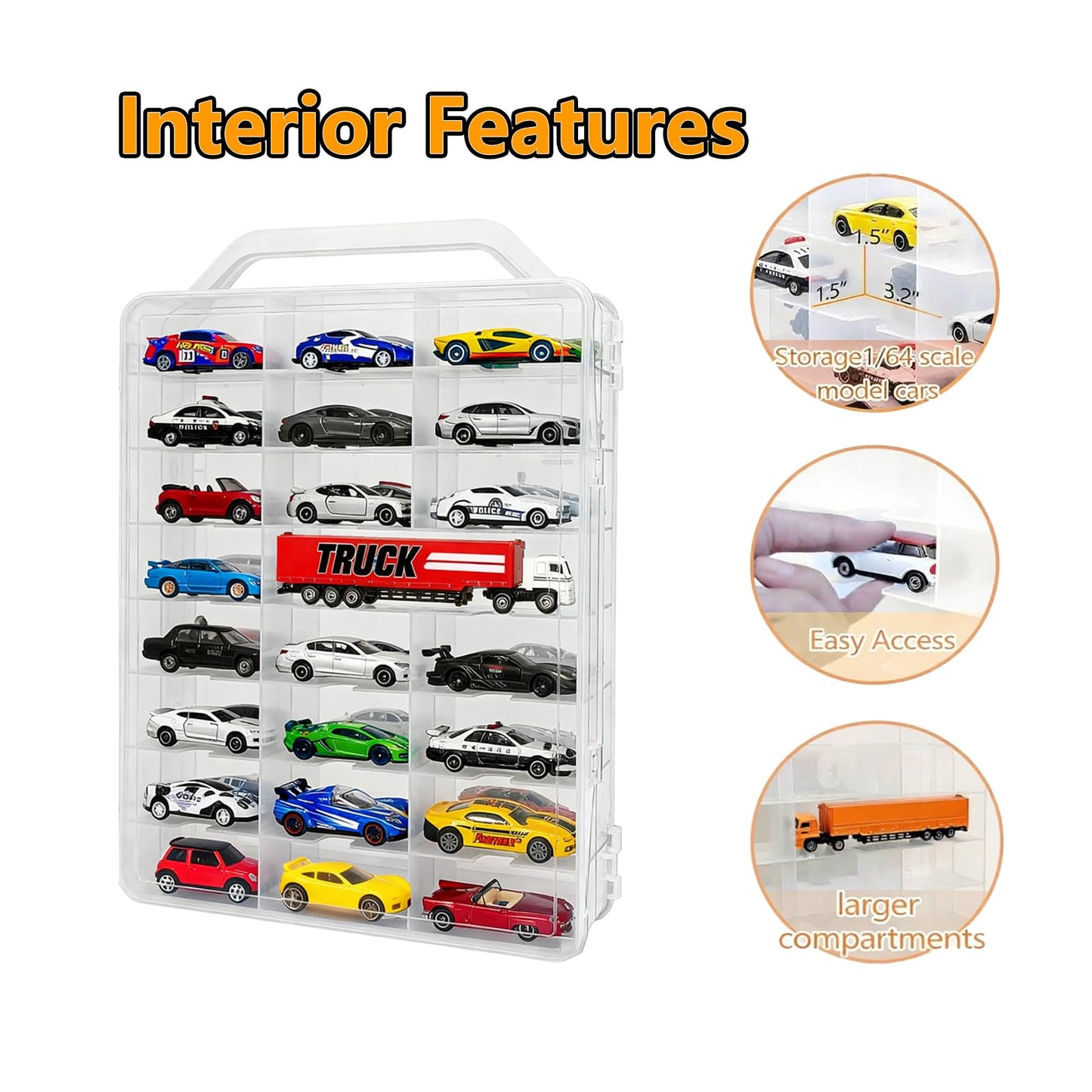 Double-Sided 1:64 Scale Toy Car Storage Case, 48-Slot Clear Organizer with Handle, Transparent Display & Storage Box Compatible with Most Die-Cast