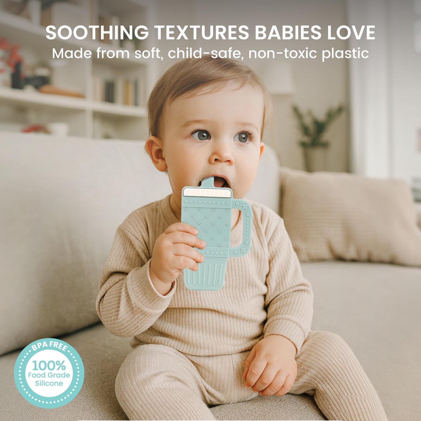 Lulyboo Sip & Soothe Silicone Teether 3 Pack - Food-Grade Soft Silicone, Textured Fruit-Shaped Teething Toys with Easy-Grip Handles for Sensory