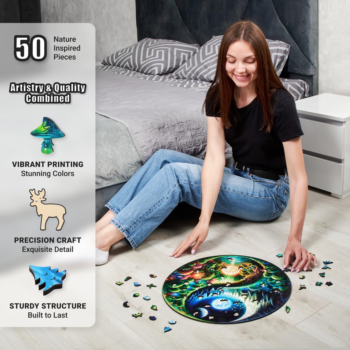LEOGOR Wooden Puzzles for Adults 500 Pieces (18 x 17.8 in), Extra-Thick 5mm Round XL Wood Jigsaw, Yin Yang Puzzle, Unique Whimsical Pieces